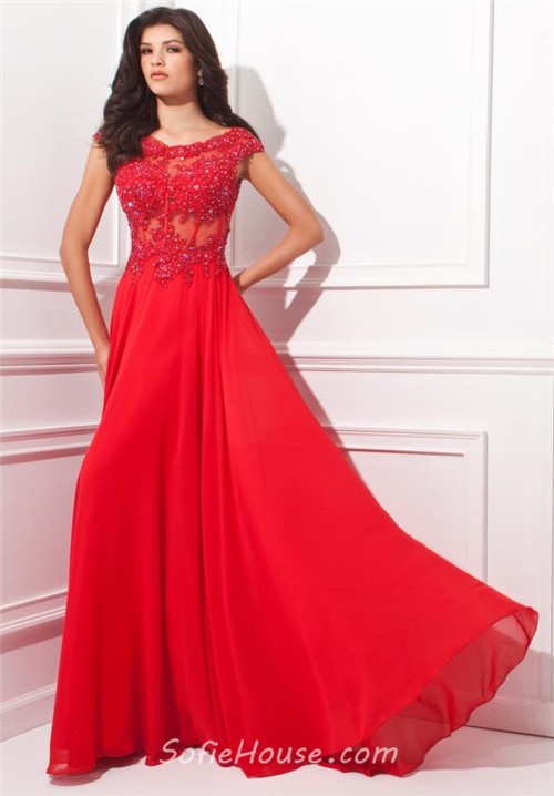 A Line Cap Sleeve Open Back Red Chiffon Lace Beaded Long Prom Dress 2