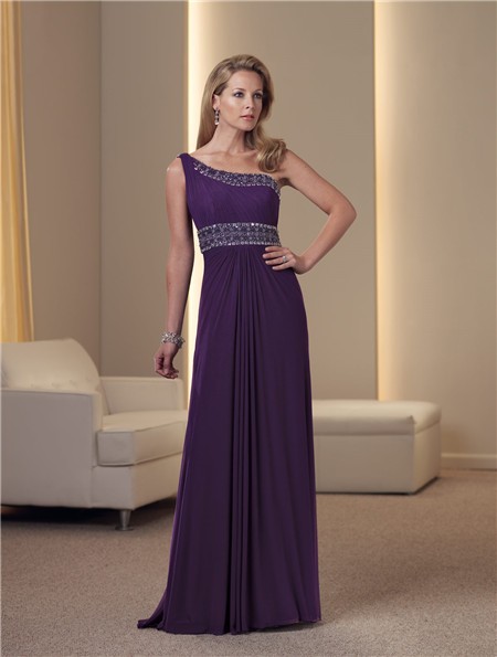 A Line One Shoulder Purple Chiffon Beaded Mother Of The ...