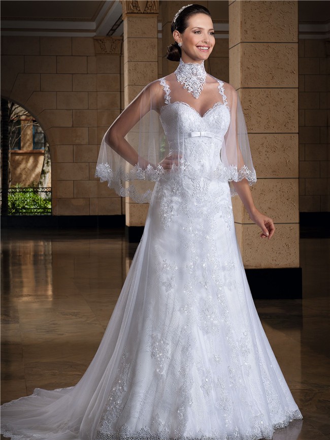 A Line Sweetheart Lace Straps Shawl Wedding Dress With Bow ...