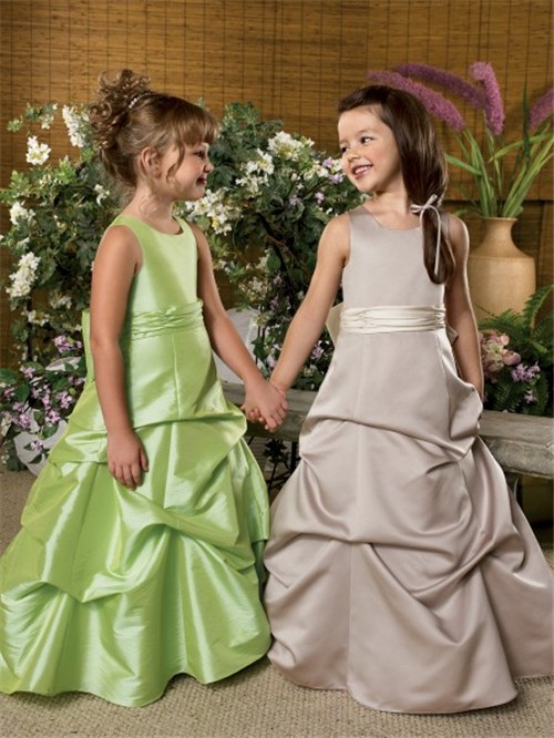 line Princess Scoop Floor Length Green Taffeta Wedding Flower Girl ...
