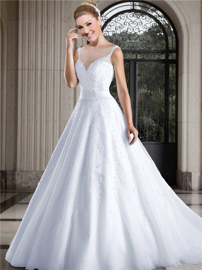 Ball Gown Bateau Illusion Neckline Low Back Tulle Pearl