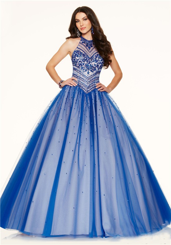 Ball Gown High Neck Open Back Royal Blue Tulle Beaded Corset Prom Dress