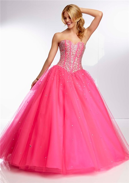 Gown Sweetheart Long Hot Pink Tulle Beaded Boned Bodice Prom Dress ...