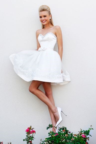 Gown Sweetheart Short White Satin Organza Lace Beaded Prom Dress ...