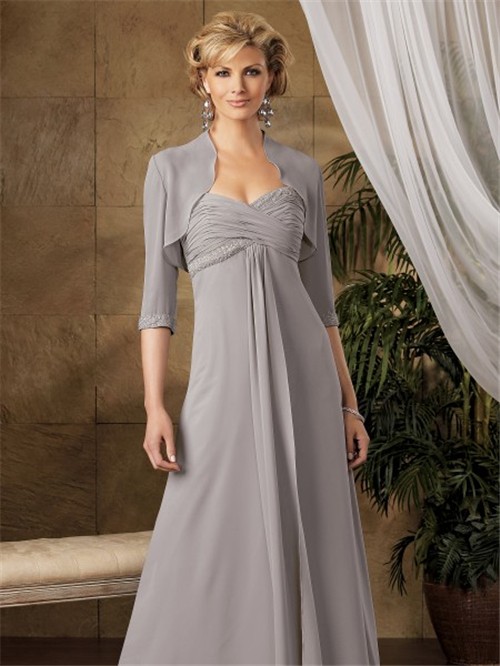 A line long grey chiffon mother of the bride dress with jacket