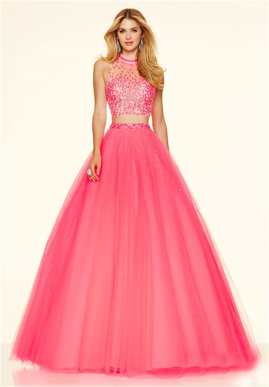 Fashion Ball Gown High Neck Two Piece Hot Pink Tulle Beaded Prom Dress