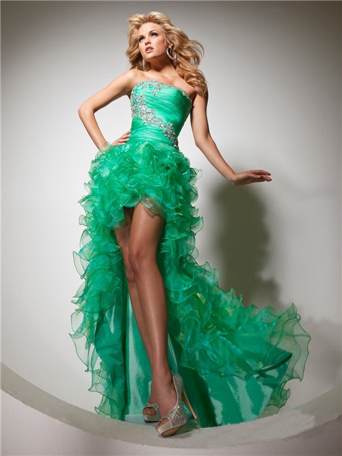 Fashion Strapless High Low Emerald Green Organza Prom Dress With