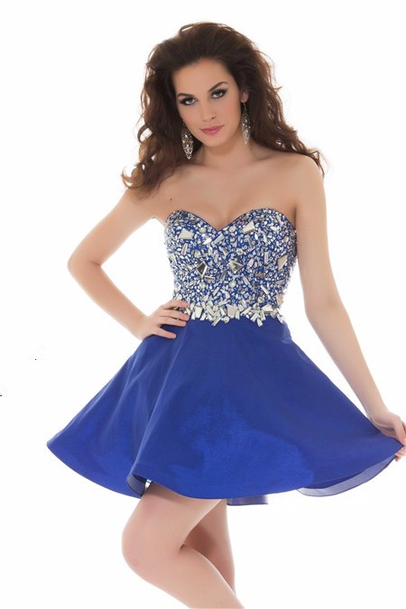 Fashion Strapless Short Royal Blue Satin Beaded Crystal Cocktail Party