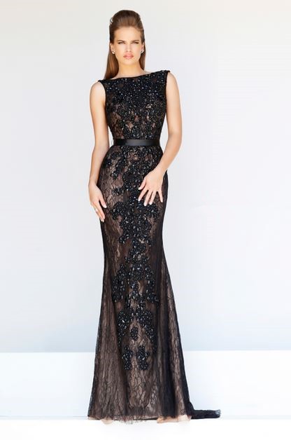 Long-Sleeve Two-Piece Black Lace Prom Dress-PromGirl