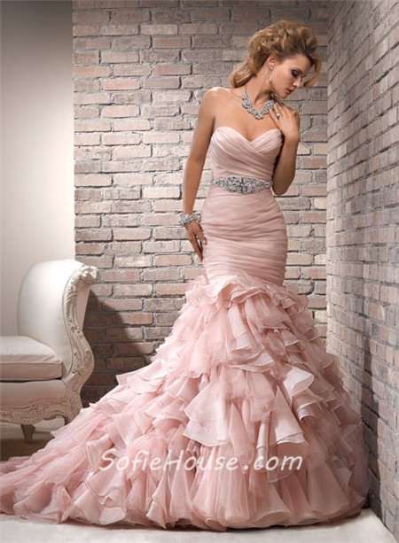 Mermaid Sweetheart Layered Blush Pink Organza Wedding Dress With ...