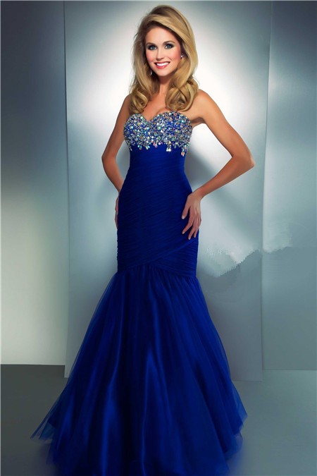 Mermaid Sweetheart Long Royal Blue Tulle Beaded Prom Dress With Ruching