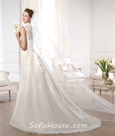Modest A Line High Neck Satin Lace Wedding Dress With Detachable Train