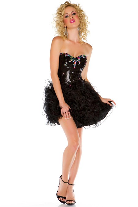 Pretty Strapless Short/ Mini Black Organza Sequined Beaded Cocktail Dress