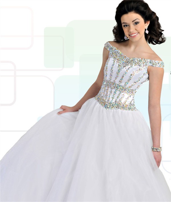 Ball Gown Off The Shoulder White Tulle Beaded Teen Prom Dress