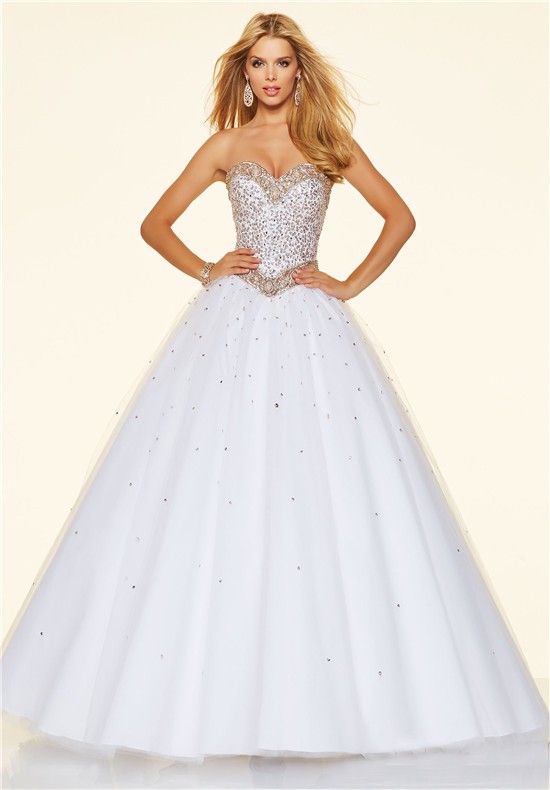 Ball Gown Strapless White Tulle Beaded Prom Dress Corset Back
