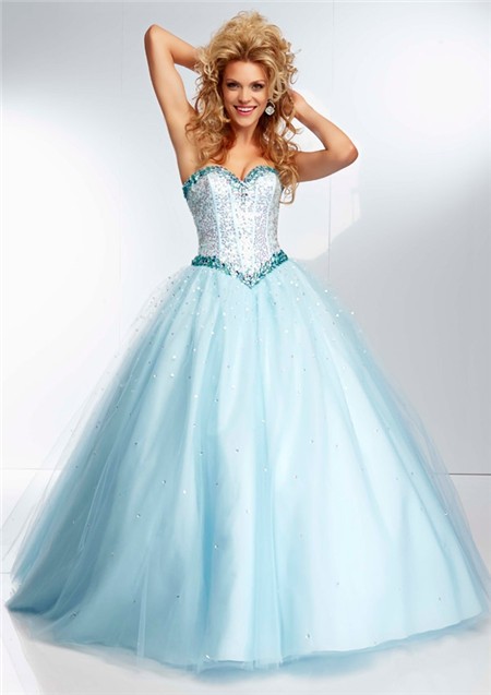 Ball Gown Sweetheart Light Baby Blue Tulle Beaded Prom Dress ...