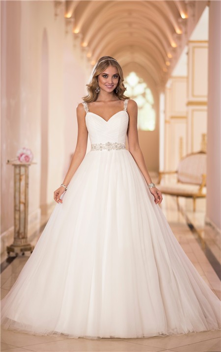 Princess Ball Gown Sweetheart Tulle Beaded Wedding Dress With Straps Sash