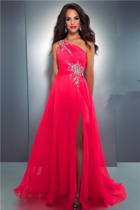 A Line One Shoulder Long Neon Red Chiffon Beaded Prom Dress With ...