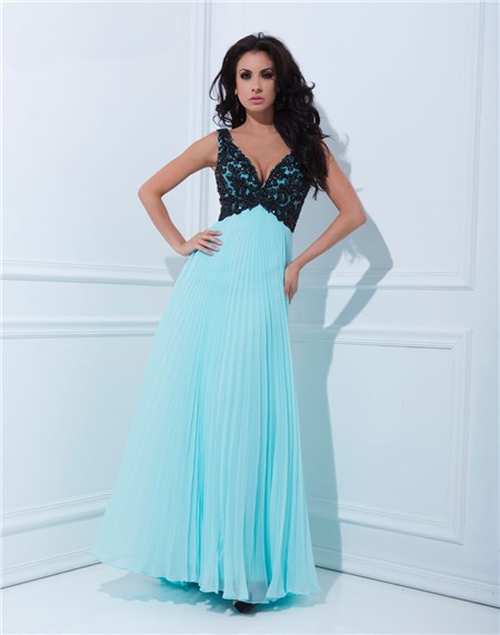 Sexy A Line V Neck Empire Waist Pleated Long Aqua Chiffon Black Beaded Prom Dress