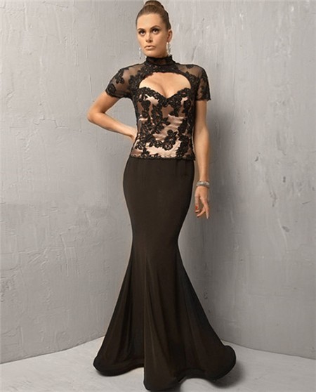 Mermaid Long Black Chiffon Lace Cut Out Evening Dress With Sleeve