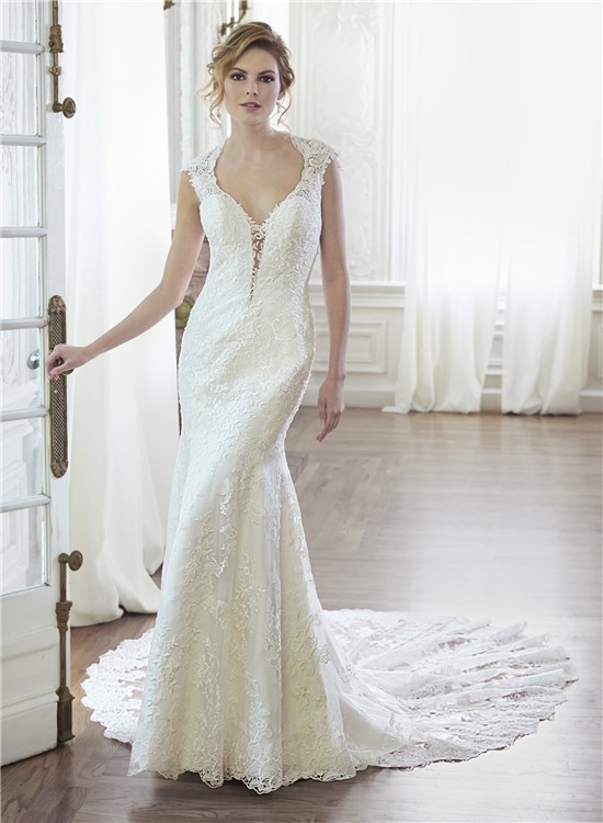 Sexy Mermaid Queen Anne Neckline Illusion Back Lace Wedding Dress
