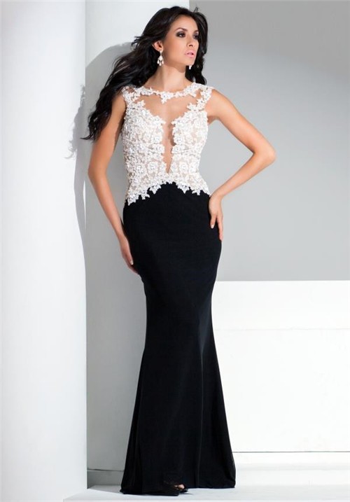 Mermaid See Through Open Back White And Black Lace Chiffon Long ...