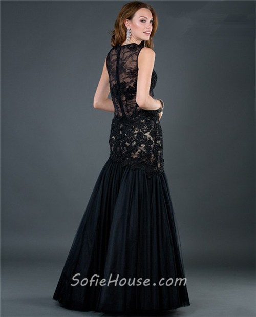 Sexy trumpet/ mermaid sleeveless sheer long black lace evening dress