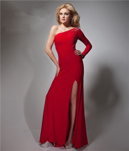 Sheath One Shoulder Sheer Back Long Sleeve Red Chiffon Prom Dress With Slit