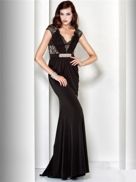 V Neck Cap Sleeve Long Black Lace Velvet Evening Dress With Belt