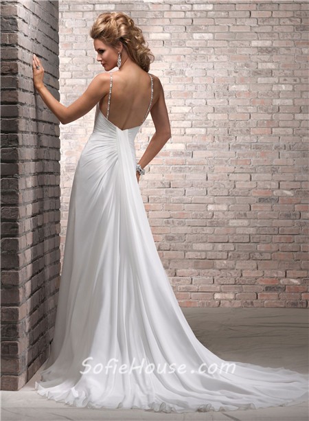 Image of simple chiffon wedding dress low back