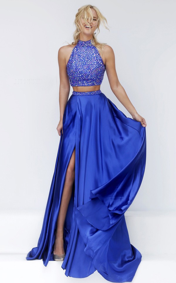 Stunning Halter High Slit Two Piece Long Royal Blue Satin Beaded Prom Dress