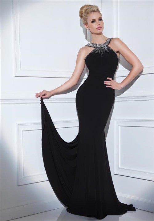 Tight Fitted Open Back Long Black Jersey Beaded Formal Occasion Evening