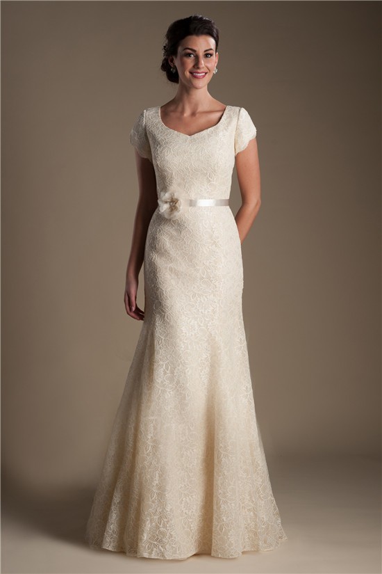 Trumpet Mermaid Cap Sleeve Champagne Lace Modest Wedding