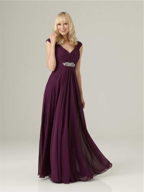 Formal Sheathcolumn V Neck Long Purple Chiffon Bridesmaid Dress With