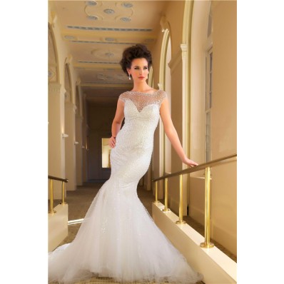 Mermaid Illusion Cap Sleeve Tulle Beaded Wedding Dress With Low Back