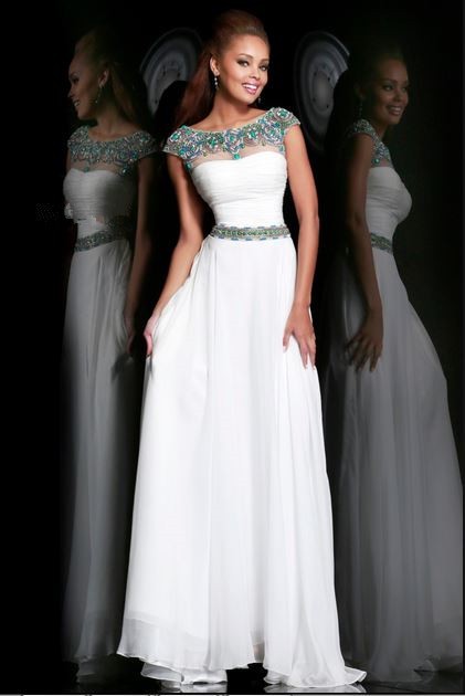 A Line Bateau Neck Cap Sleeve  Long  White  Chiffon Beaded 