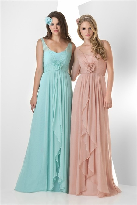 A Line Empire Waist Long Peach Chiffon  Ruffle Wedding  