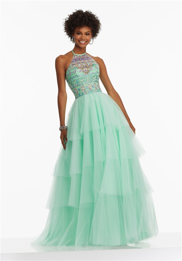 A Line Halter Long Mint Green Tulle Tiered Prom Dress With Beading