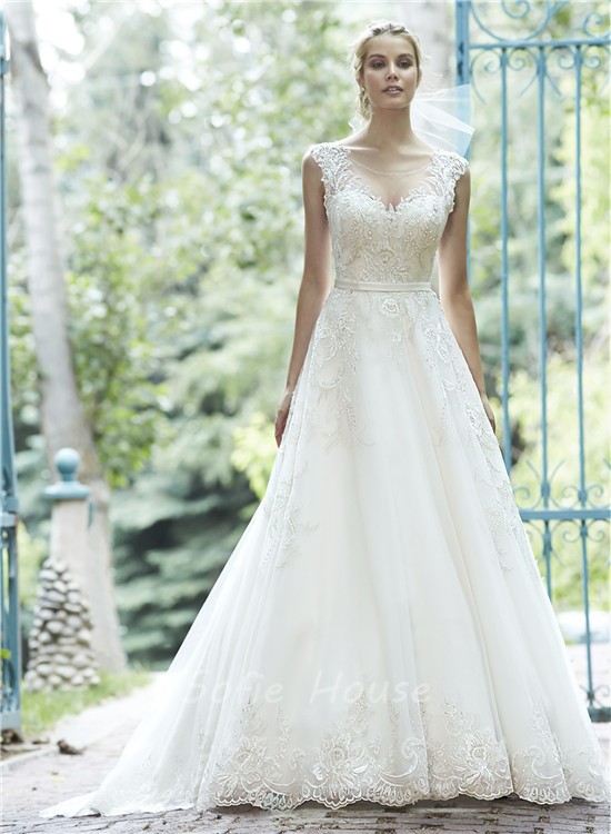 A Line Illusion Neckline See Through Back Lace Sparkly Wedding Dress ...