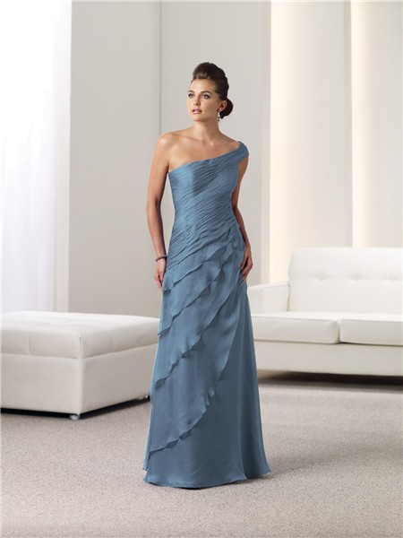 A Line One Shoulder Blue Chiffon Ruched Mother Of The Bride Occasion ...
