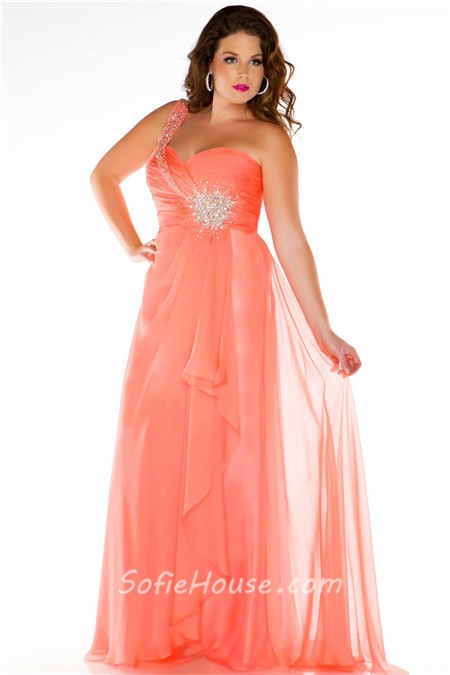 A Line One Shoulder Long Turquoise Chiffon Beaded Plus Size Evening ...
