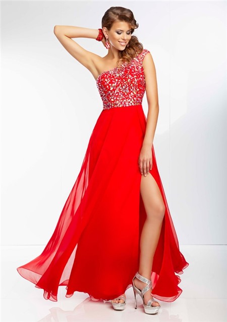 A Line One Shoulder Sheer Back Flowing Long Red Chiffon Beaded Prom ...