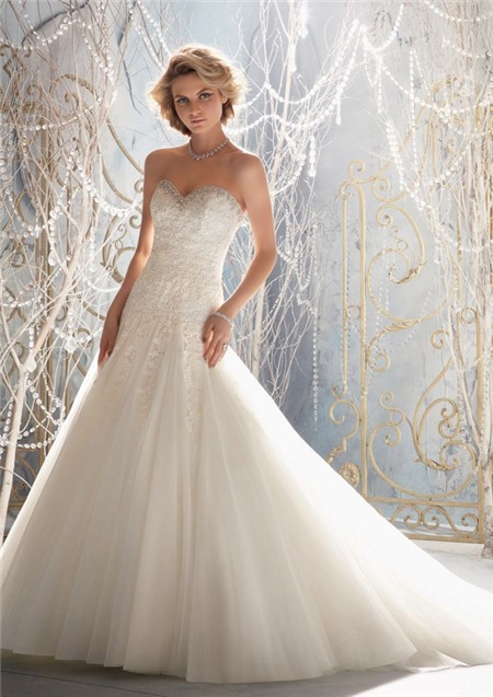 A Line Princess Sweetheart Pleated Tulle Lace Beaded Wedding Dress ...