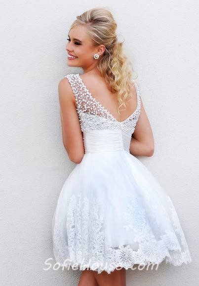 A Line Scoop Neck V Back Short White Tulle Lace Pearls Beaded Party ...
