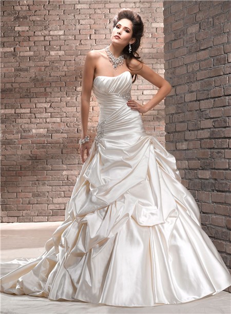 A Line Strapless Ruched Champagne Cream Colored Satin Wedding Dress ...