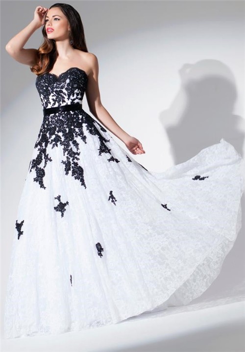 A Line Strapless Sweetheart White  And Black  Lace  Applique 