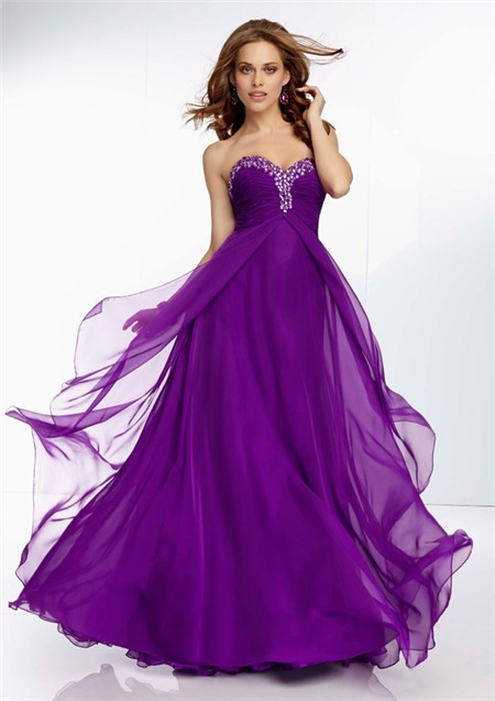 A Line Sweetheart Empire Waist Long Purple Chiffon Prom Dress Open Back