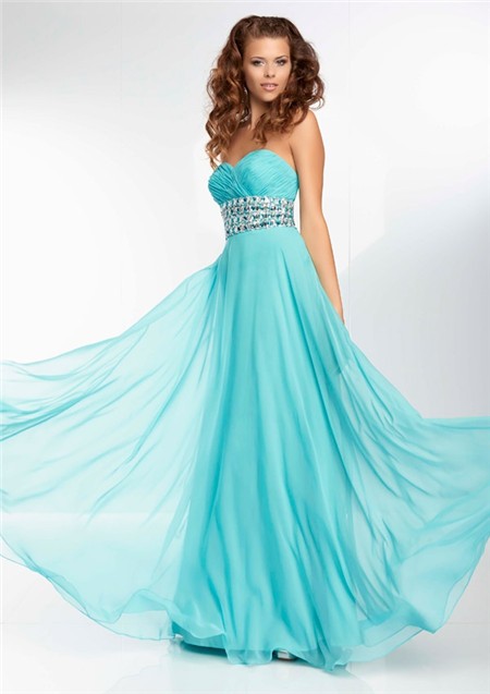 A Line Sweetheart Flowing Long Turquoise Blue Chiffon Beading Prom Dress