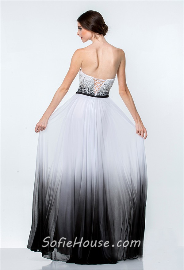 A Line White  And Black  Ombre  Chiffon Beaded Long Evening 