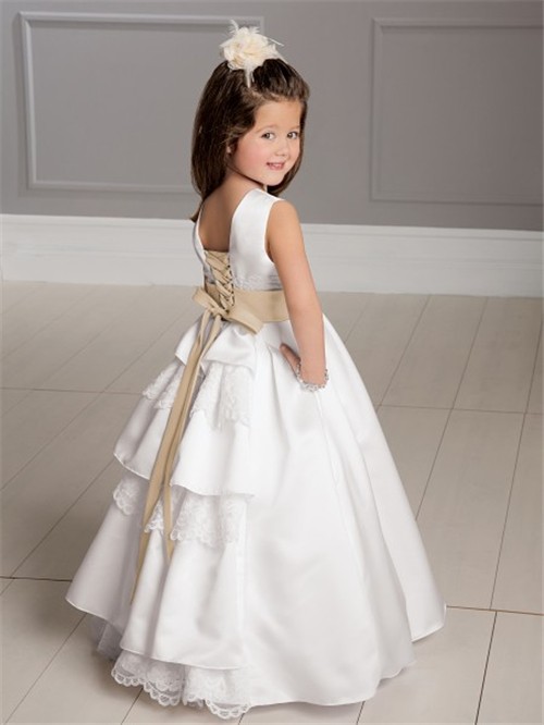 A-line Princess Scoop Floor Length White Taffeta Lace Flower Girl Dress ...
